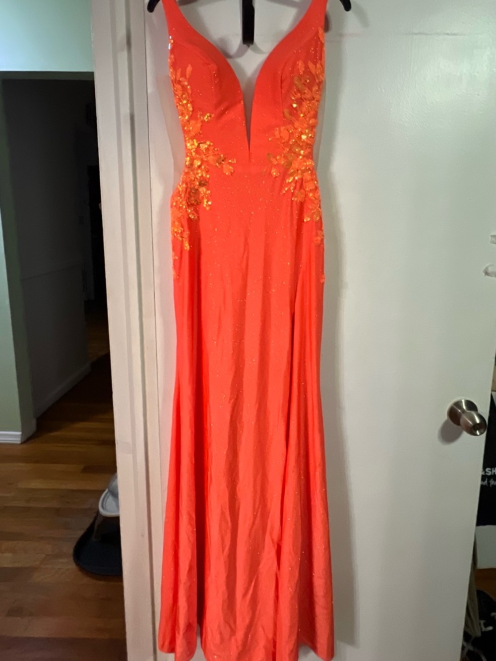 Amarra Sleek Orange Boutique Prom Dress with Gold Floral Sequins Embellishments